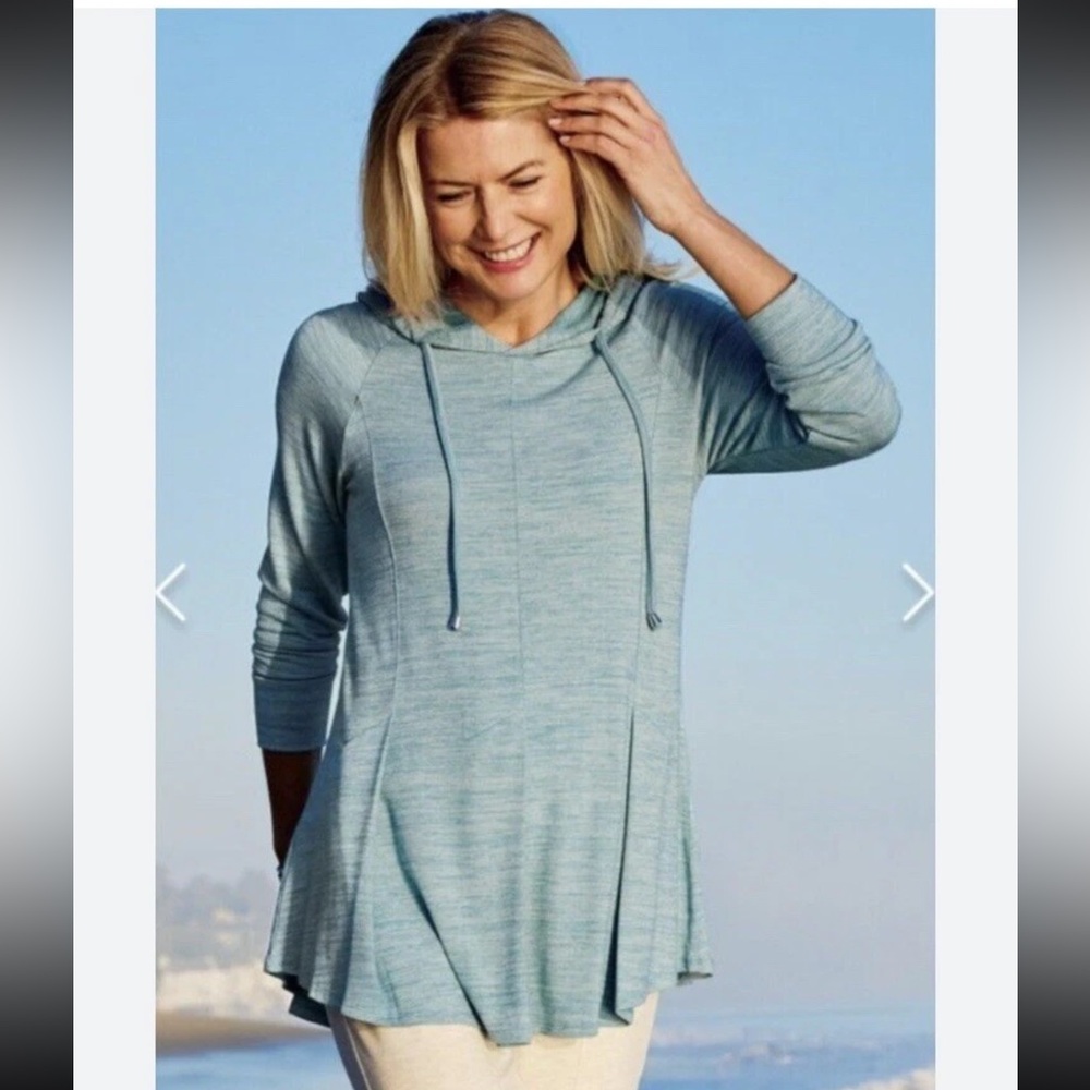 Soft Surroundings Women's Aqua Heather Stretch Knit Riverland Tunic Hoodie Med